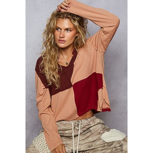POL Color Block Contrast Notch Neck Long Sleeves Relaxed Fit Top | Burnt Coral - Picture 5 of 6